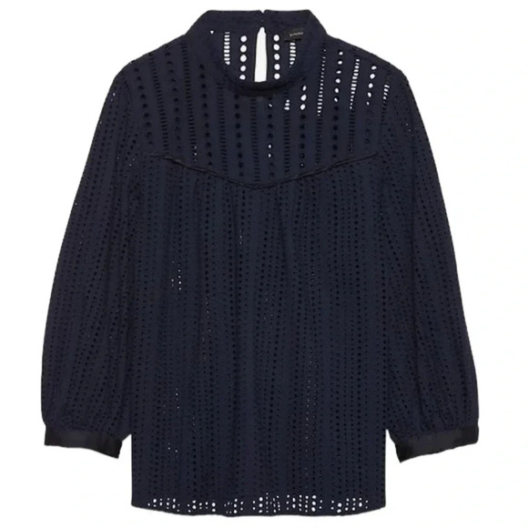 Banana Republic Women’s Sz Small Eyelet Mock Neck Blouse in Navy Blue - Picture 2 of 10